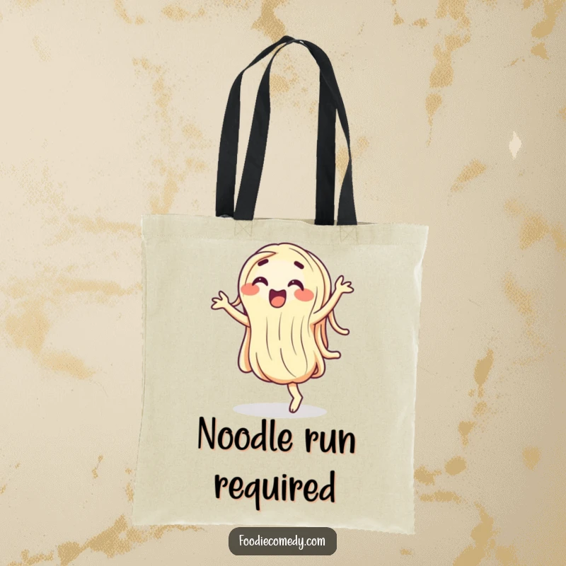 Funny wiggling noodle tote bag, a cartoon pasta character enthusiastically performing a silly, wiggly dance.