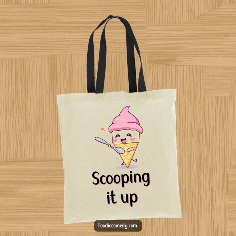 Funny Tote Bag: A giggling kawaii ice cream cone escaping a chasing spoon. A humorous and practical accessory for sweet lovers.