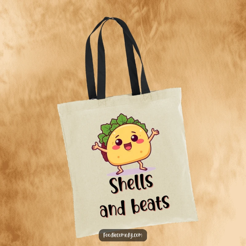 Funny taco tote bag with a dancing taco, perfect for carrying groceries or party supplies with food and dance humor.