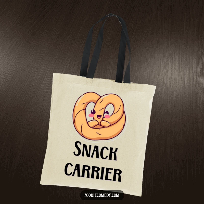 Funny tote bag with a happy pretzel twisting its body into a fun shape, perfect for carrying items with salty flair.