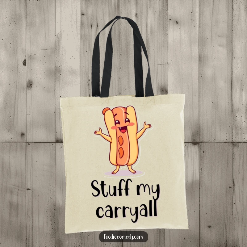 Funny hot dog character doing the Charleston on a tote bag, bringing cheerful energy to everyday tasks.